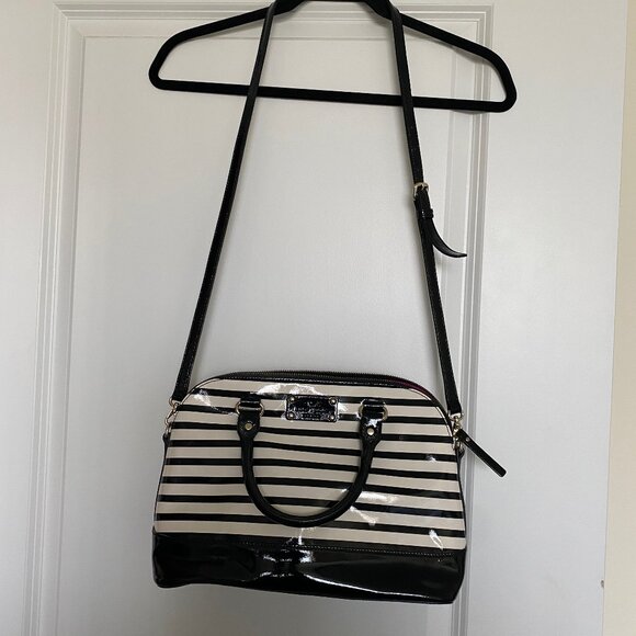 Kate Spade NY Black & White Striped Patent Leather Handbag - Picture 1 of 12
